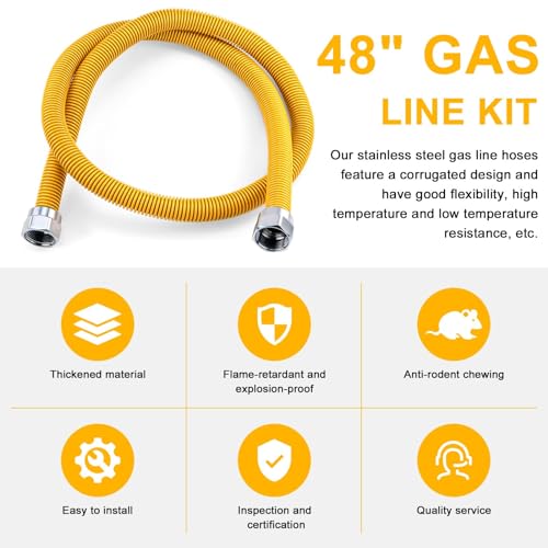 AMI PARTS 48" Flexible Gas Line Kit Yellow Coated, Gas Hose Connector Kit for Dryer, Stove, Water Heater,5/8" OD(1/2" ID) Stainless Steel Gas Line with Connector 1/2" MIP &1/2"FIP & 3/4"MIP Fitting by AMI PARTS - Used condition - Image 6
