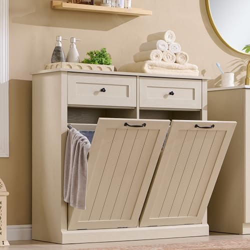 Image of IFBUY Double Tilt Out Laundry Hamper Cabinet, Trash Cabinet, Cream