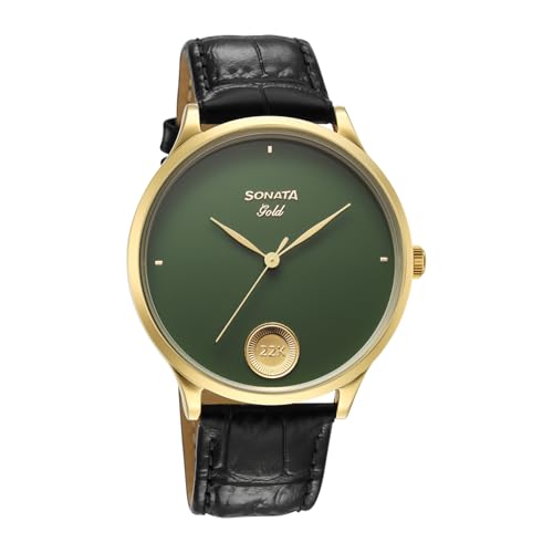 Image of Sonata Gold with Quartz Analog Sacred Forest Green Dial with 0.15 Gm 22 Karat Tanishq Gold Coin On Dial Black Leather Strap Watch for Men - 7153YL04