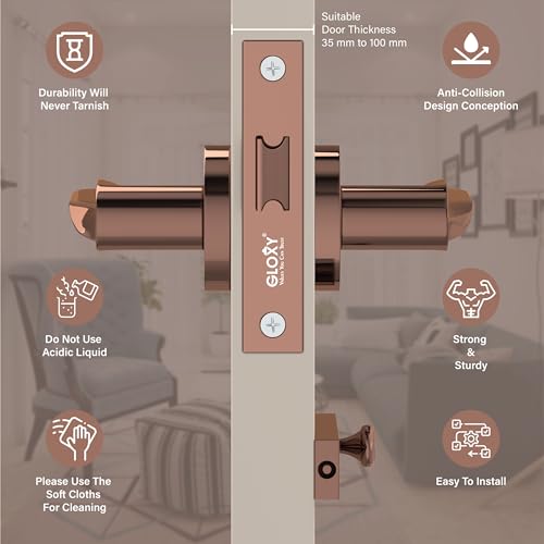 Image of GLOXY Push to Close Latch Lock for Main Door, Keyless Pull Door Lock for Bedroom, Door Lock Handle Set with Keys for Bathroom, Balcony |Rose Gold Finish (2 Years Warranty, Pack of 1)