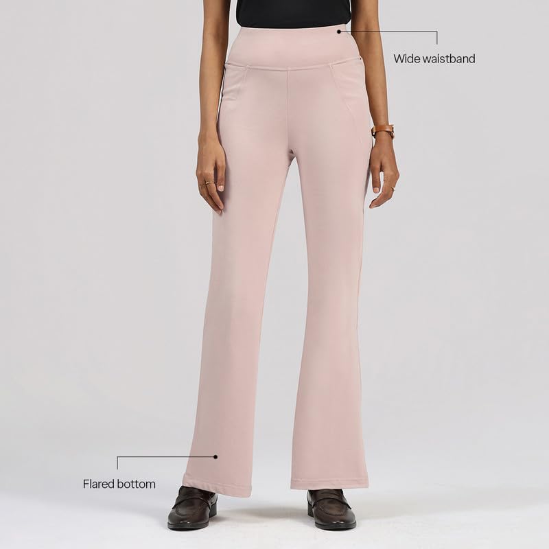Image of Blissclub AM:PM Cotton Flare Pants for Women Above 5'5 ft Tall | Wide Waistband, 4 Pockets | Bell Bottom Pants and high Waist Trousers for Office wear