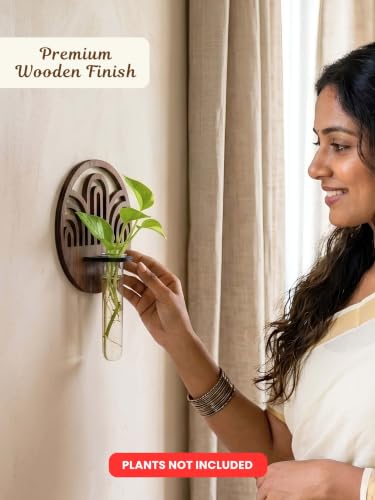 Image of Bombay Greens Wall Hanging Planter with Wooden Holder & Rope | Test Tube Hanging Planter | Wooden Stand for Home Decor, Living Room, Balcony & Office Decoration