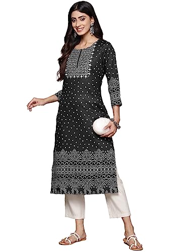 Image of ishin Women's Silk Ethnic Motifs Black Straight Kurta