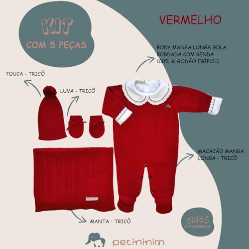 Kit Saída De Maternidade 5 Peças com Body Algodão + Macacão Tricô + Manta Tricô + Touca Tricô + Luva
