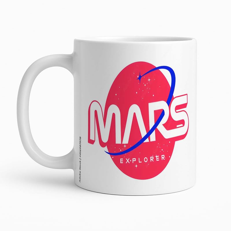 Ceramic Coffee Mug White 350ml Space Theme Mars Explorer Logo Design Perfect for Beverages and Great Gift for Space Enthusiasts Students or