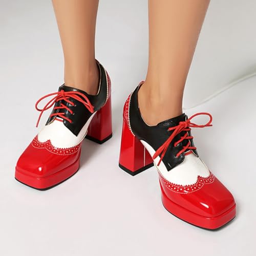 Women's Platform Lace-Up Mary Jane Pumps Square Closed Toe Chunky Block High Heels Dress Shoe Fashion Patchwork Multicolor Leather Oxfords Shoes3