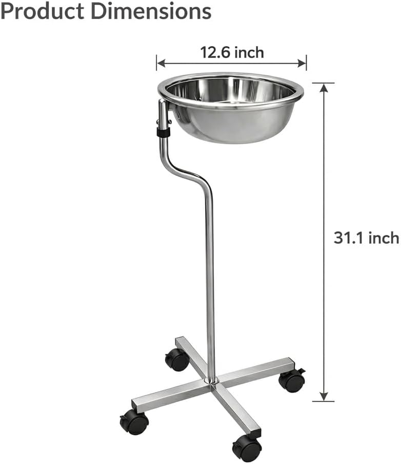 Stainless Steel Medical Pedestal Basin Stand with 8-Quart Basin & Lockable Wheels, Ideal for Hospitals, Clinics, and Surgical Settings