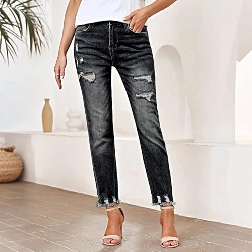 Straight Leg Cropped Jeans for Women Stretchy High Waisted Distressed Jeans Skinny Boyfriend Raw Hem Ripped Denim Pants4
