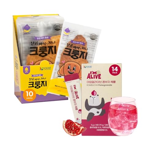 Korean Food Flat Croissant Snack Crungzee (Pack of 10) and I'm Alive Kombucha Powder Pomegranate(14sticks)