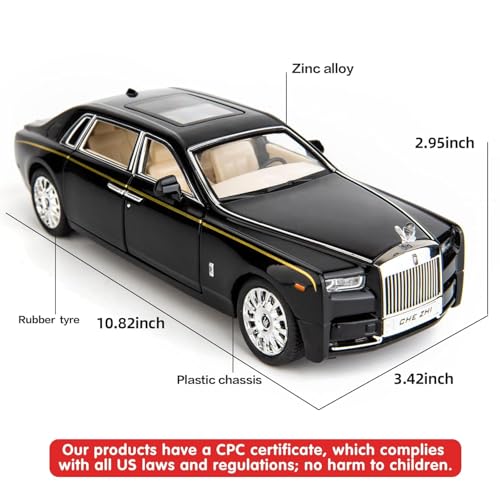 Image of Invite Enterprise Model Car Zinc Alloy Pull Back Toy Diecast Toy Cars with Openable Doors, Sound and Light for Kids Boy Girl Gift (1:24 Rolls-Royce Phantom(Black-Black)