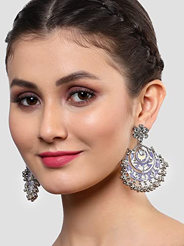 Karatcart Oxidised Silver Violet Meena Silver Ball Studded Kundan Chandbali Earrings for Women - Image 2