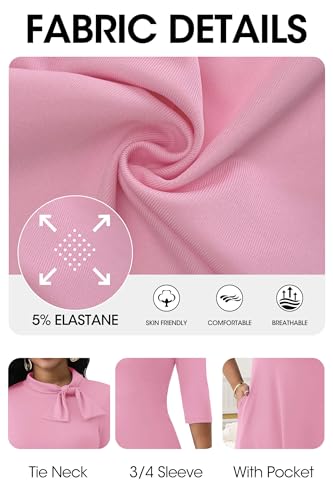 Image of FANDEE Maxi Dress for Women Long Elegant 3 /4 Sleeve Bow Tie Neck A Line Casual Party Church Dresses with Pockets