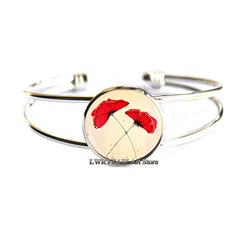 Red Poppies Bangle,Poppies Bracelet,Poppies Charm Jewelry,Flower Jewelry, Poppy Flower Bangle,M113