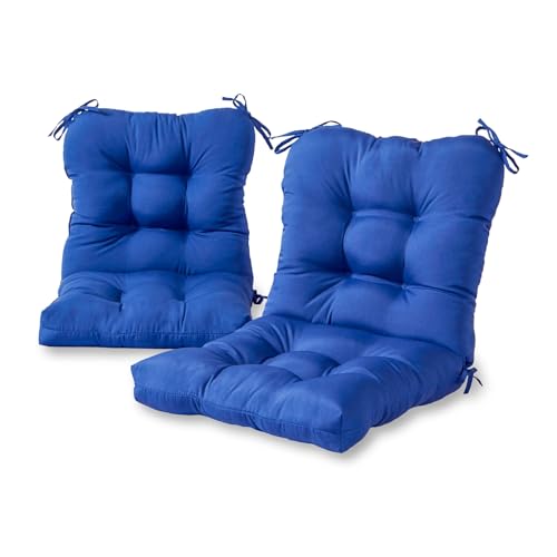 Tufted Outdoor Chair Cushions – Hinged One-Piece Design, Reversible Patio Seat & Back Cushion with Ties, Durable Polyester Fabric, Recycled Polyfiber Fill, Set of 2, Marine Blue