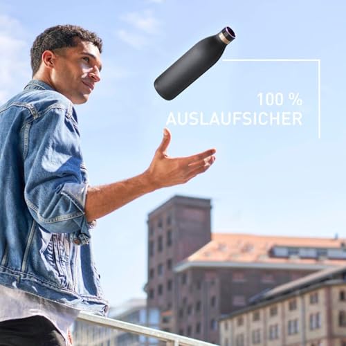 Emsa Bludrop Isolier-Trinkflasche, 1 Liter, 100% dicht, Quick-Press Verschluss, Ergonomischer 360° Trinkgenuss, 20h warm, 40h kühl, einfache Reinigung, Edelstahl, Pulverbeschichtung, Schwarz, N31120