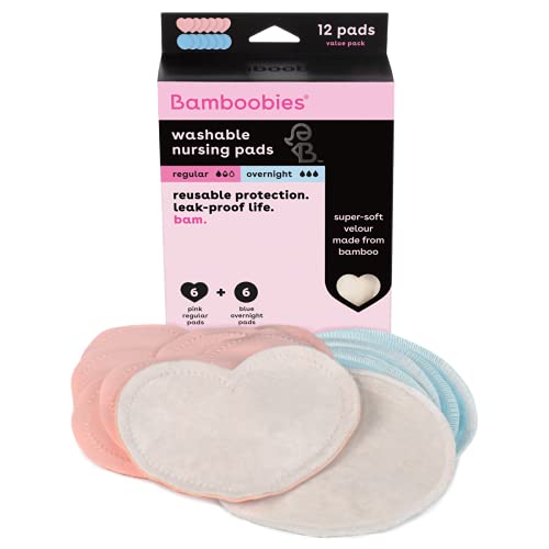 Bamboobies Women’s Overnight Nursing Pads, Reusable and Washable, Pink Regular and Blue Overnight, Variety Pack, Leak-Proof Pads for Breastfeeding, 6 Pairs