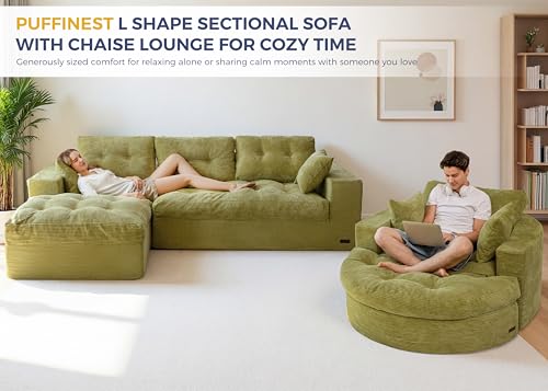 Image of MAXYOYO L Shape Sectional Sofa Couch and Round Chaise Lounge, Modern Cloud Couch with Ottoman, Comfy Sofa with Layered Cushion, Tufted Upholstered Sleeper Chair for Living Room, No Assembly Required