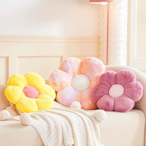 Image of Kcvvcr Flower Pillow Cute Decorative Throw Pillow with Faux Rabbit Fur Soft Daisy Plush Floor Cushion Aesthetic Flower Shaped Pillow Home Decor for Bed Sofa Couch (Yellow 19.6 Inch)