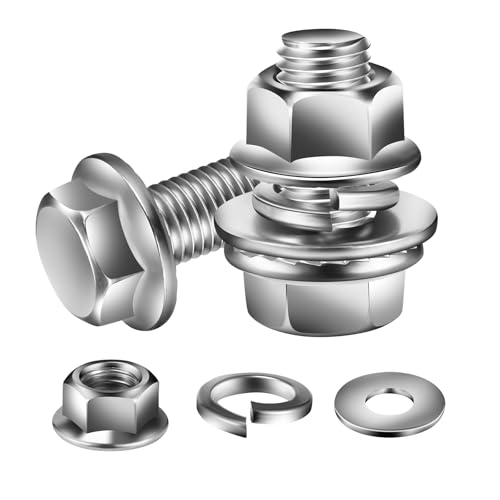 M6 x 14mm Flanged Hex Head Bolts, Nuts, Flat &amp; Lock Washers, 10Pcs 18-8 (304) Stainless Steel, Fully Threaded, by SG TZH