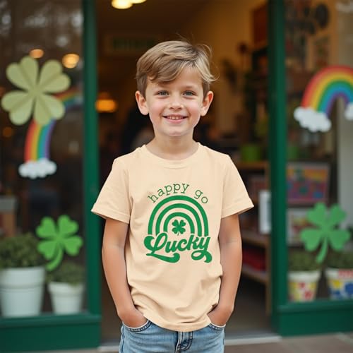 Image of Boys Girls St Patricks Day Shirts Kid Happy Go Lucky Shamrock T-Shirt Short Sleeve Clover Tees Tops Irish Outfit(Beige,9-10Y)
