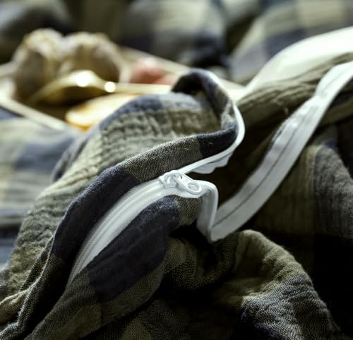 Image of VM VOUGEMARKET Green Navy Plaid Duvet Cover King Muslin Cotton Bedding Set Soft Breathable Linen Like 3-Layer Gauze Comforter Cover with Zipper Closure for Adults-3 Pieces,104 inchx90 inch