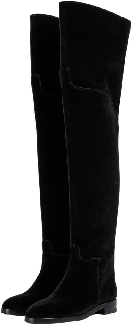 YDN Womens Round Toe Wide Calf Flats Over the Knee Boots Elastic Pull On Low Heel Thigh High Boots Sexy Prom Nightclub Shoes Size 4-16 US