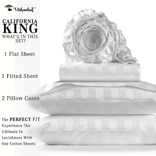 URBANHUT 800 Thread Count Egyptian Cotton California King Damask Striped Sheets Set (4 Pc) - Ultra Soft & Smooth, Thick & Crisp Sateen Weave Calking Striped Bedsheets, Fits Upto 16" Mattress - White