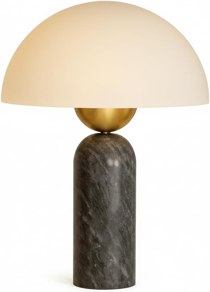 Natural Stone Table Lamp, Mid-Century Modern Dome Mushroom Lamp with Black Travertine Base and Frosted Glass Shade, Minimalist Bedside Nightstand Light for Bedroom, Living Room 14.5" Height