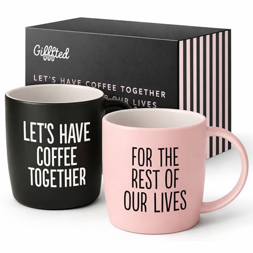 Triple Gifffted Let's Have Coffee Together Coffee Mug Set, Engagement Wedding Gifts for Couple, Bride and Groom Newlywed Bridal Shower, His and Hers, Mr and Mrs, Christmas, Valentine’s, Ceramic 380ML