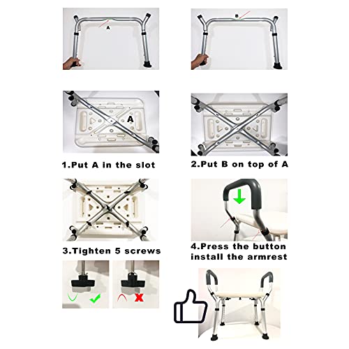 PEALOV Sgabello per Doccia, con Braccioli Panca Da Doccia Regolabile Da 6 Altezza Sedia con Telaio Largo Piedini In Gomma Antiscivolo Carico MAX 150kg - Ausilio Supporto per Anziani - imagen 5