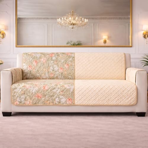 Image of STITCHNEST 'Double Vie Collection Series' Cotton Quilted Reversible Sofa Cover 3 Seater with Arm Rest and Pocket | Size 70x60 Inch