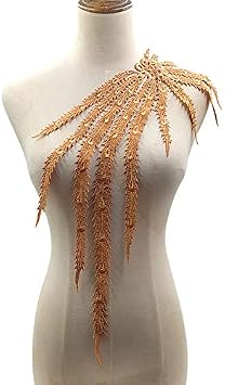 1pcs Embroidery Long Peacock Feather Motif Venise Lace Collar Supplies Women DIY Manual Lace Fabric Trim Crafts Coffee Color