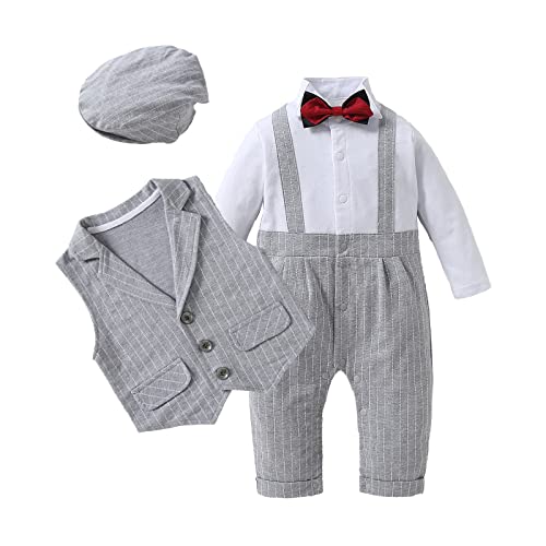Image of Kgurtagh Baby Boy Suit Outfits, One-Piece Romper & Vest & Beret & BowTie (0-2T)