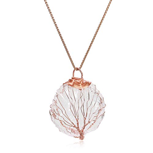 COAI Collier Long Pendentif Cristal de Roche Brut Arbre de Vie Chaîne Or Rose Femme