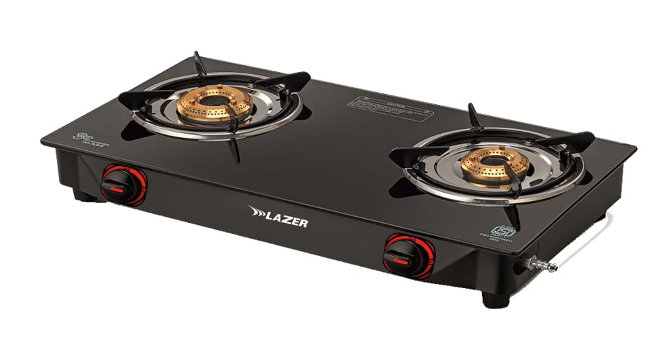 Image of Lazer Infinity Slim Toughened Glass ISI Certified, Brass Manual gnition Stove Ergonomic Knob with 1 Year Warranty Pan India Service (Black)