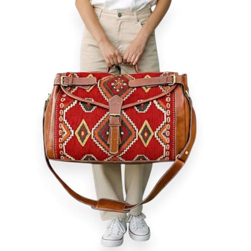 Kilim Carpet Travel Bag with Adjustable Strap Genuine Leather with Unique Bohemian Design Carry-On Friendly (Large)