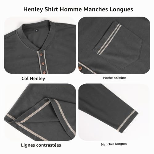 YawYews Tee Shirt Homme Manches Longues Tshirt Henley Col Tunisien Coton Polo Long Sleeve Regular Fit Gris L – vue 4