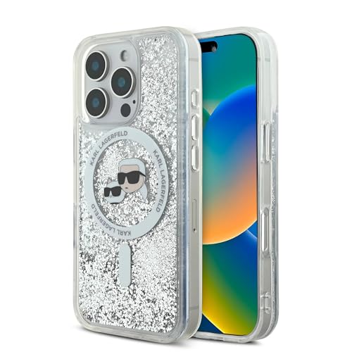 CG MOBILE Karl Lagerfeld Magsafe Coque Rigide à Paillettes liquides avec tête Karl & Choupette pour iPhone 16 Pro, Protection Contre Les Chutes, Absorption des Chocs, découpes précises, Design