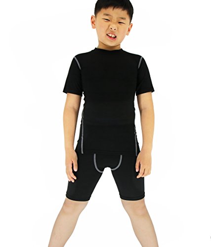 LANBAOSI Boy's Compression Shirts Pants Child's Short Sleeve Base Layer Set Black Set