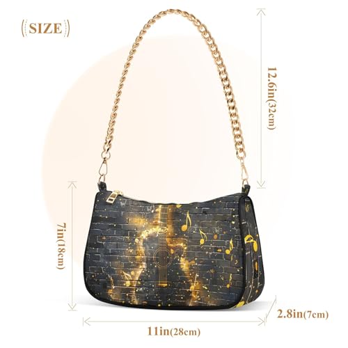 Zipper Ladies Shoulder Bag Musical Notes Guitar Brick Wall Tote Handbags Trendy Womens Hobo Evening Purse with Chain Strap3