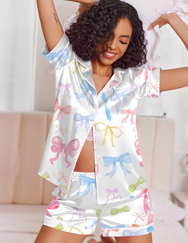 Image of Ekouaer Womens Satin Silk 2 Piece Pajamas Set Short Sleeve Sleepwear | Button Down Top and Shorts Loungewear Set for Sleep, Home, Wedding, Travel, Party, Daily Wear & Great for Sharing