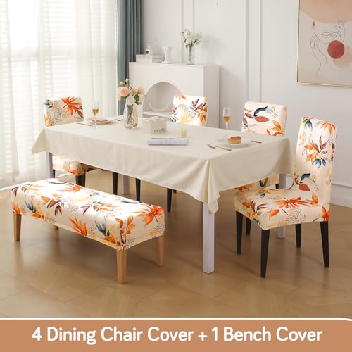 Image of HOKIPO Premium Velvet Cover Set for 4 Dining Chairs + 1 Dining Bench, Amber Serene Flora (AR-5799-D3)