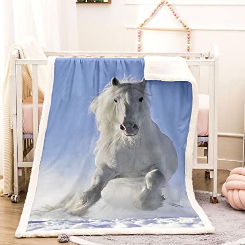 XADITON Plaid Couverture Polaire 3D Cheval Blanc Animal Imprimée Motif Couverture Lit 1 Personne Chaude 130X150Cm Plaid Epais Grande Taille en Flanelle pour Canapé Et Lit, Douce Et Fluffy