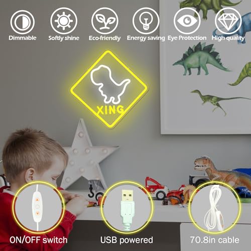 Image of Dinosaur Neon Sign T-rex Neon Light Dimmable Crossing Warning Sign Dino Night Light Dinosaur Room Decor Birthday Halloween Christmas Gift for Boys Kids