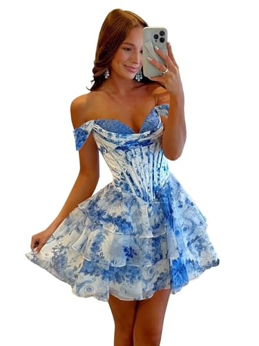 Tiered Floral Homecoming Dresses for Teen Off The Shoulder Cocktail Party Dress Short Formal Chiffon Prom Gown4
