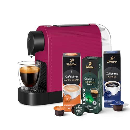 Tchibo Cafissimo „Pure plus“ Kaffeemaschine Kapselmaschine inkl. 30 Kapseln für Caffè Crema, Espresso und Kaffee | 0,8l | 1250 Watt | 11,9 x 33,7 x 24 cm | Wild Fuchsia