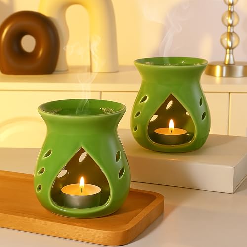 Image of Floryn Decor Ceramic Diffuser with Free 2 Tealight Candles | Home Fragrance, Spa, Office & Yoga | Aromatherapy Gift Set of 2 (Green)