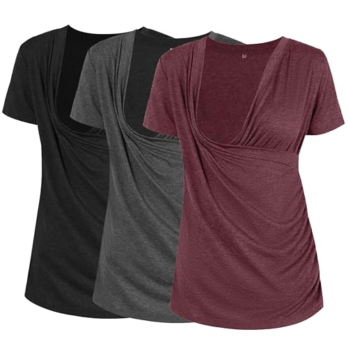 Image of Liu & Qu Women's Maternity Nursing Tops, Layered Wrap for Breastfeeding, V-Neck Short Sleeve Tee Shirts 3 Packs