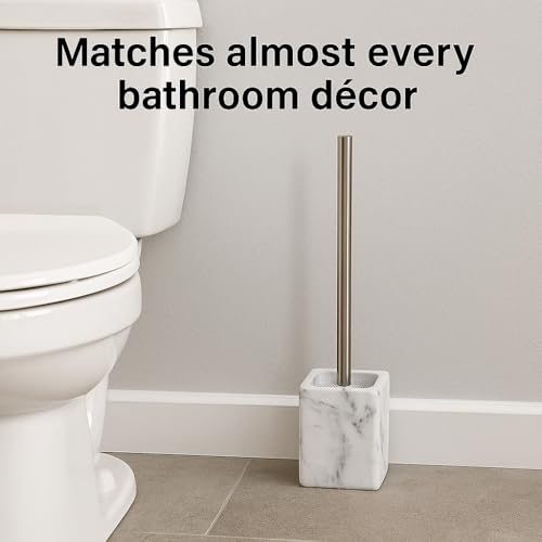 Image of Toilet Brush and Holder Set with Stainless Steel Handle - Modern Marble-Look Polyresin Base, Decorative Bathroom Toilet Bowl Brush with Nylon Bristles, Durable Toilet Cleaning Accessory (White)