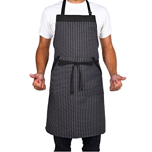 KINGO HOME 2 Pack Adjustable Extra Long Ties Chef Cooking Apron with Pockets Kitchen Bib Apron, Black/White Pinstripe (32 x 27 Inches)